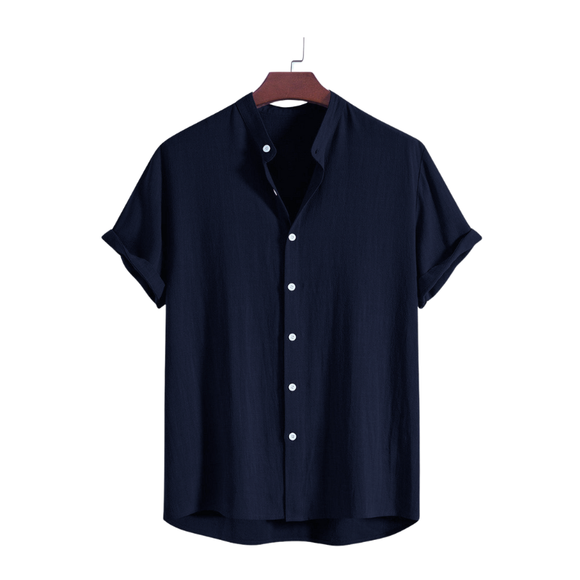 Navy Blue Band Collar Solid Cotton Shirt