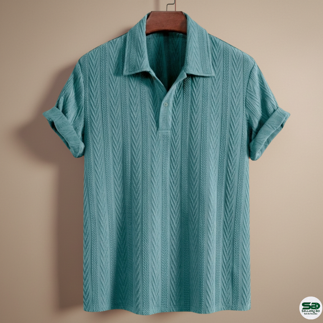 Turquoise Blue Knitted Geometric Jacquard Polo