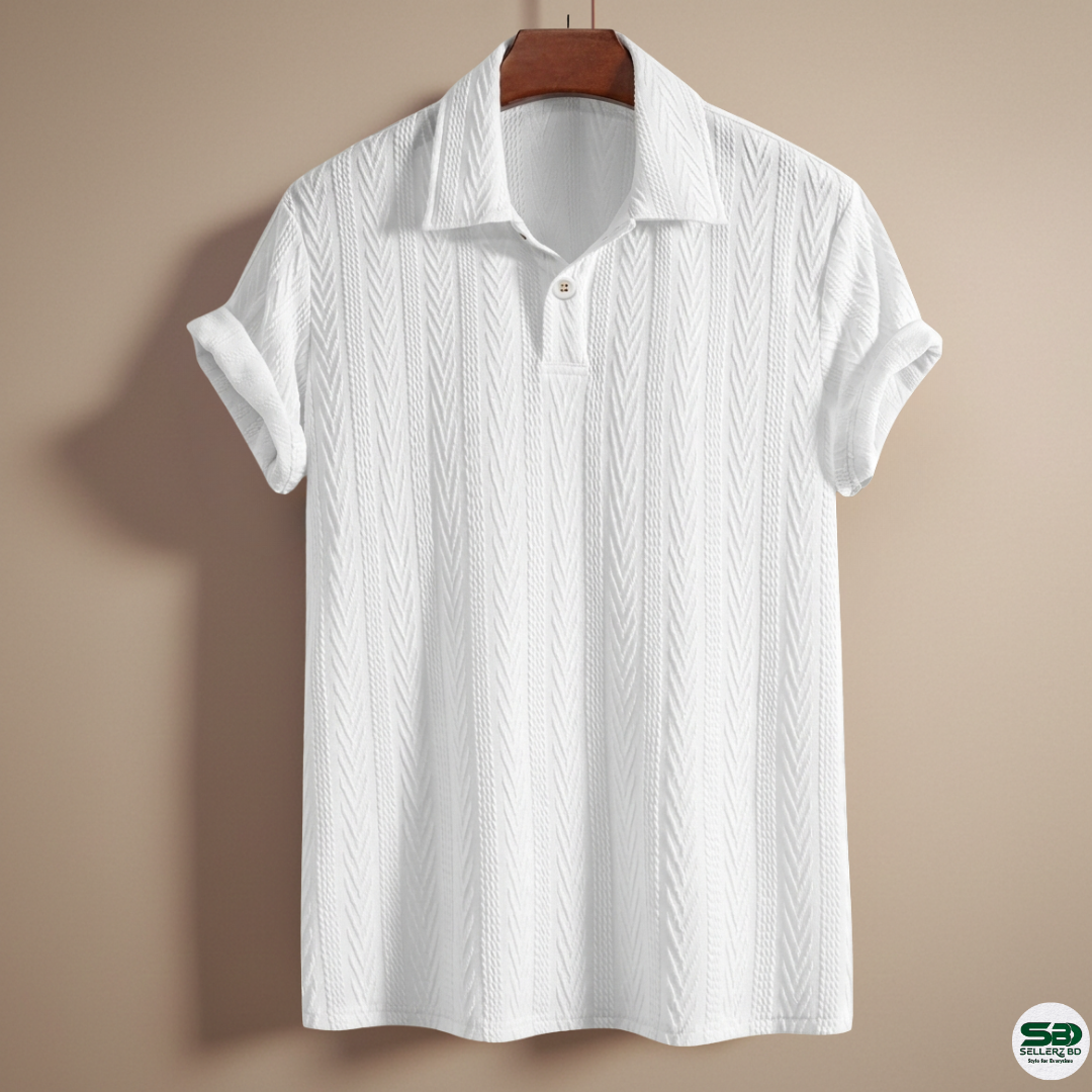 White Knitted Geometric Jacquard Polo