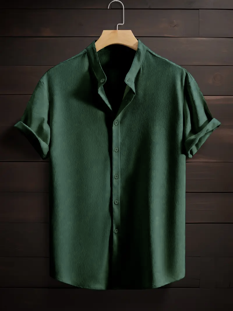 Dark Green Band Collar Solid Cotton Shirt