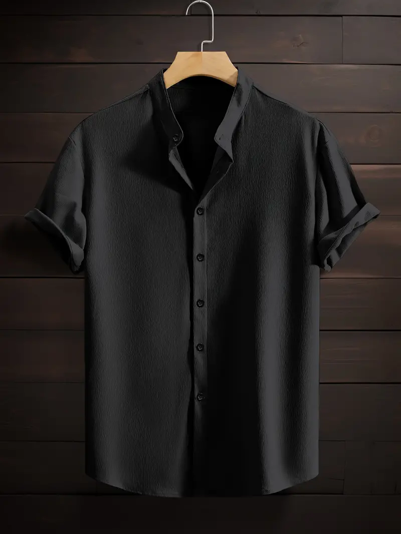 Black Band Collar Solid Cotton Shirt