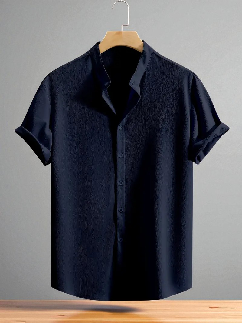 Dark Blue Band Collar Solid Cotton Shirt