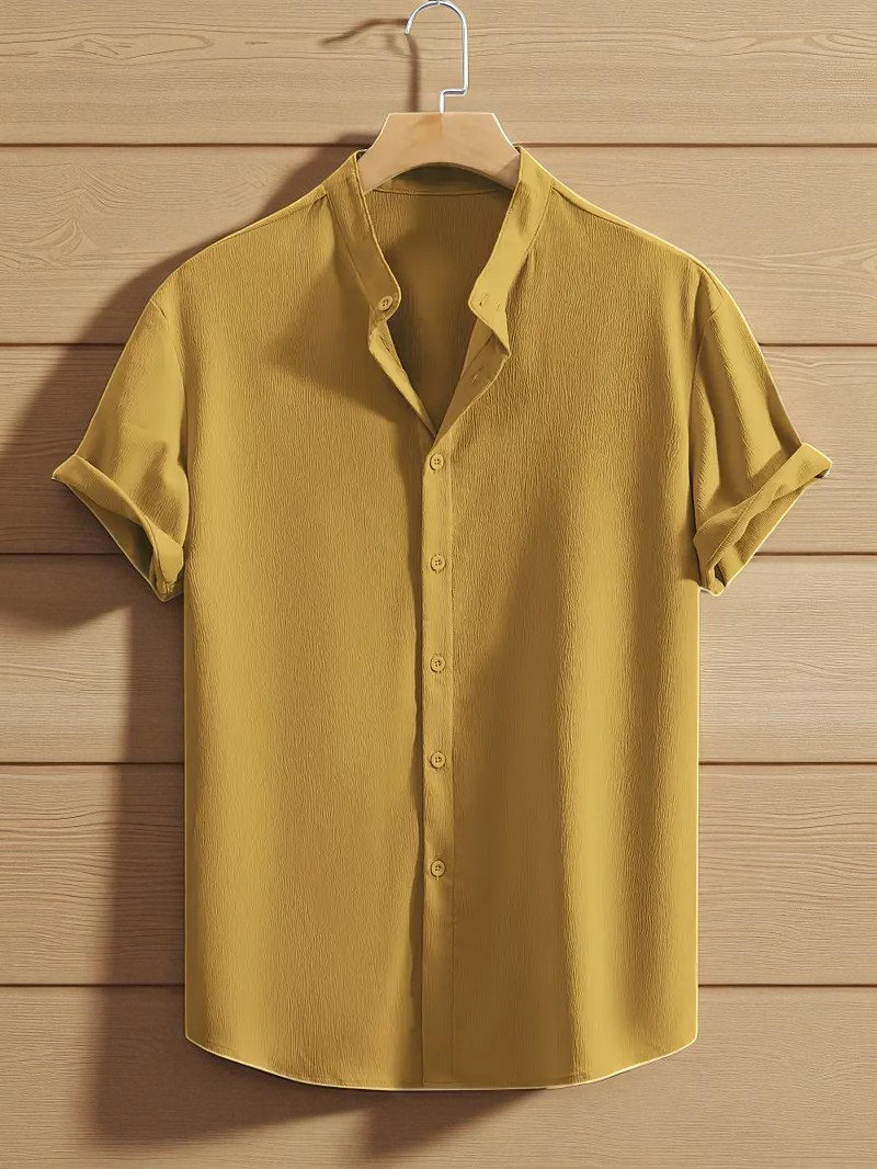 Mustard Yellow Band Collar Solid Cotton Shirt