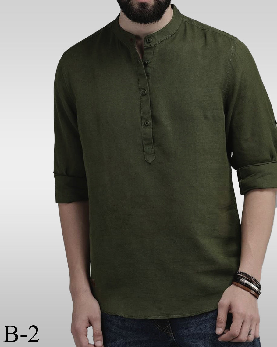 Olive Band Collar Katua Shirt B-2