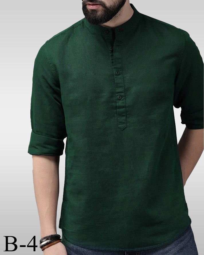 Bottle Green Band Collar Katua Shirt B-4