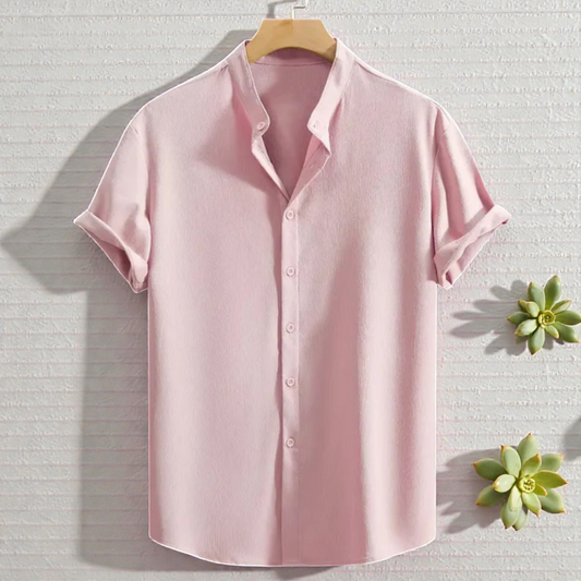 Pink Band Collar Solid Cotton Shirt