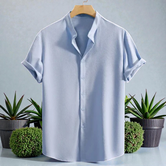 Sky Blue Band Collar Solid Cotton Shirt