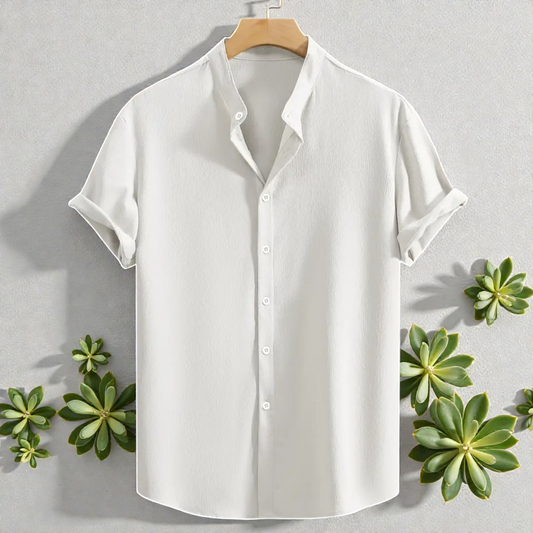 White Band Collar Solid Cotton Shirt
