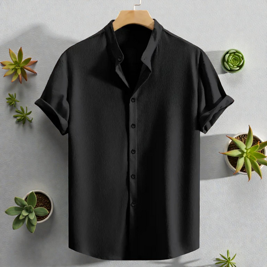 Black Band Collar Solid Cotton Shirt