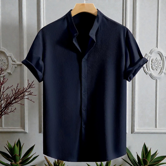 Dark Blue Band Collar Solid Cotton Shirt