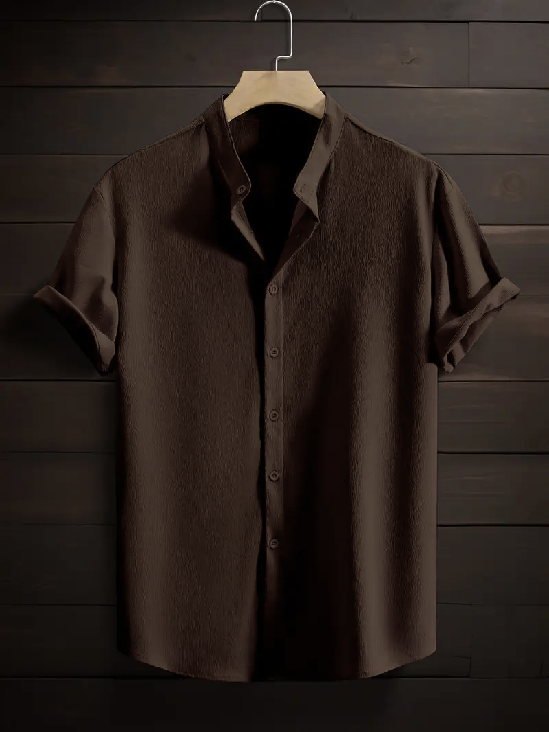 Coffee Band Collar Solid Cotton Shirt