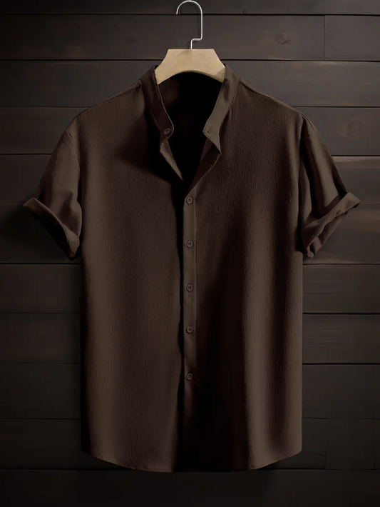 Coffee Band Collar Solid Cotton Shirt