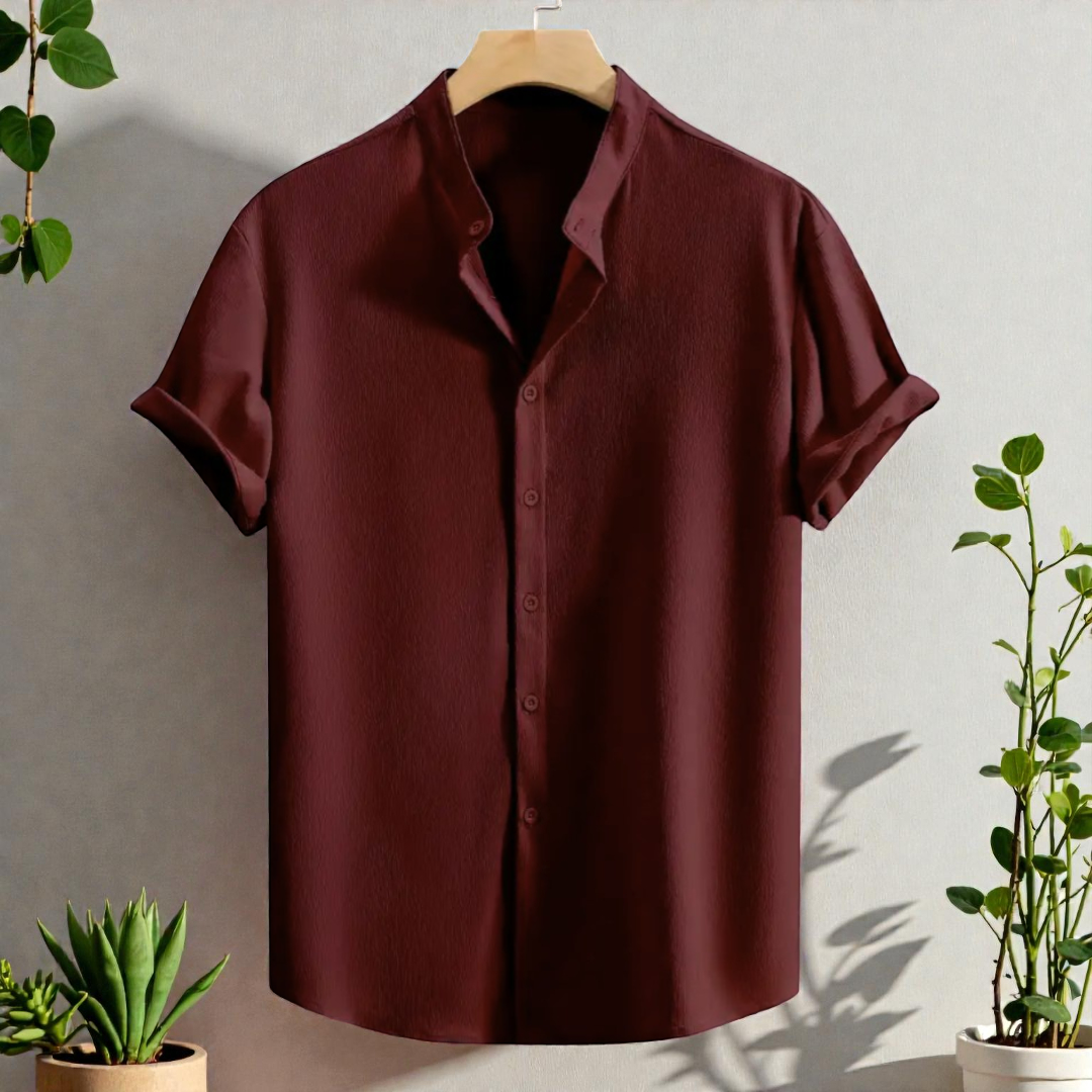Maroon Band Collar Solid Cotton Shirt
