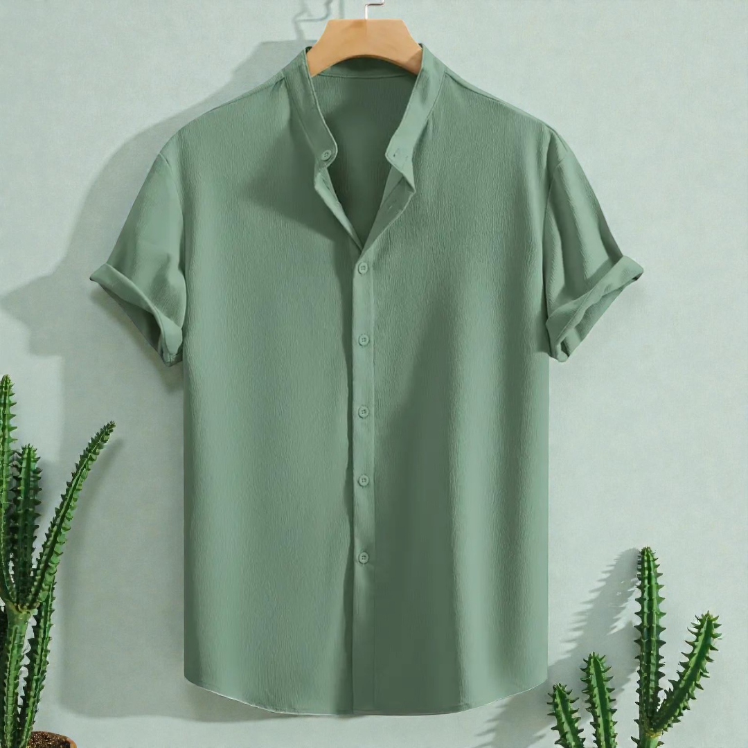 See Green Band Collar Solid Cotton Shirt