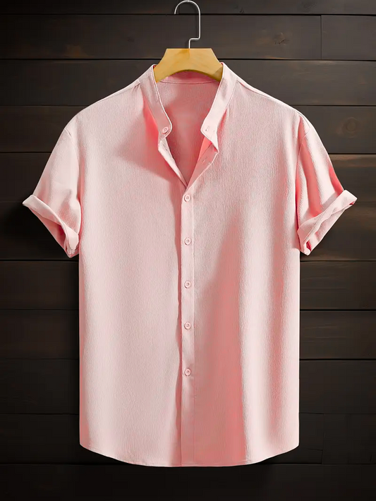 Pink Band Collar Solid Cotton Shirt