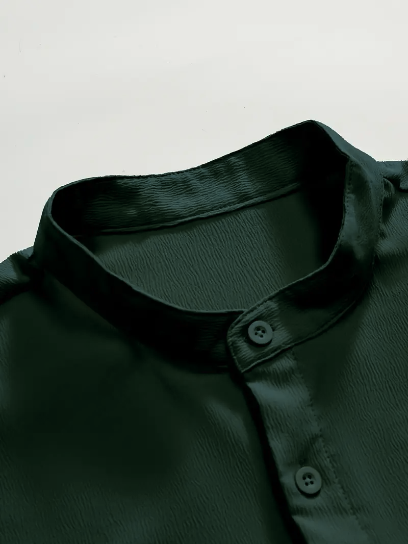 Dark Green Band Collar Solid Cotton Shirt