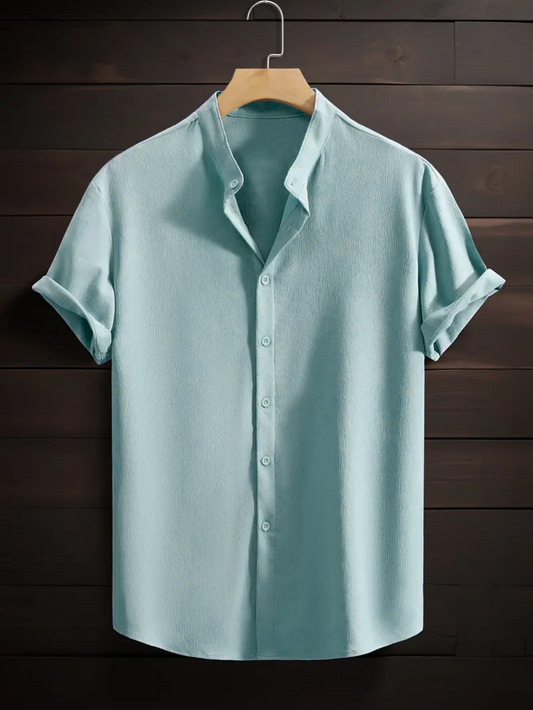 Pastel Band Collar Solid Cotton Shirt