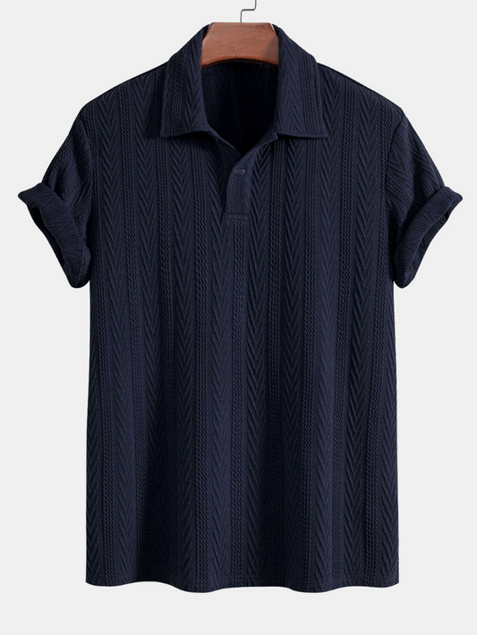 Navy Blue Knitted Geometric Jacquard Polo