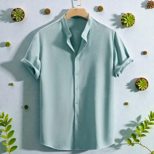 Pastel Band Collar Solid Cotton Shirt