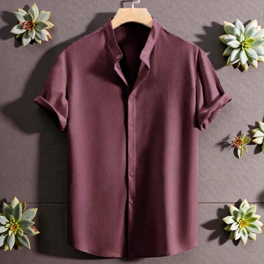 Onion Band Collar Solid Cotton Shirt