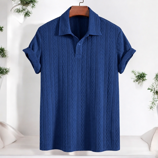 Navy Blue Knitted Geometric Jacquard Polo