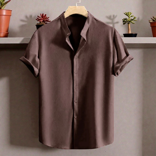 Baby Pink Band Collar Solid Cotton Shirt