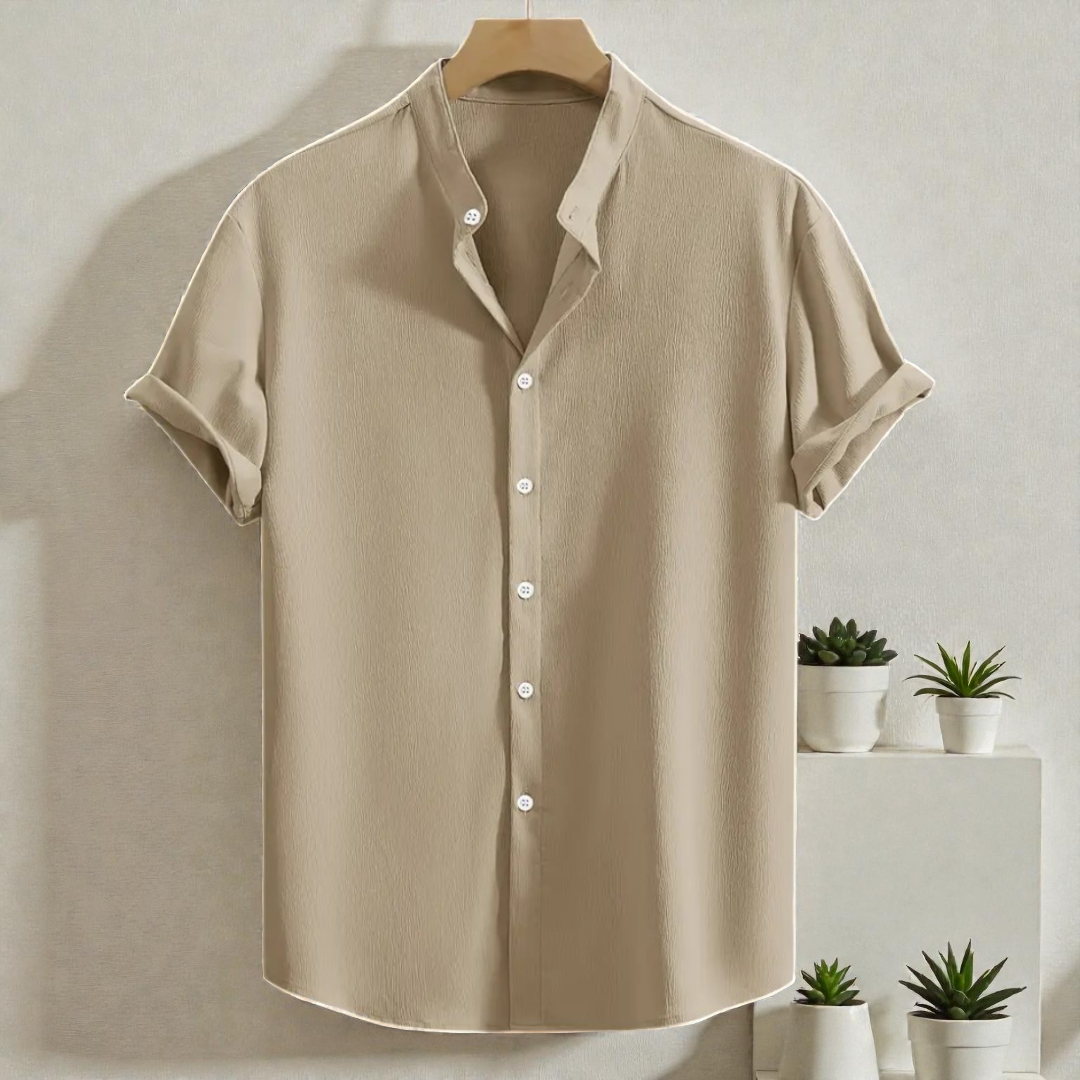 Cream Band Collar Solid Cotton Shirt