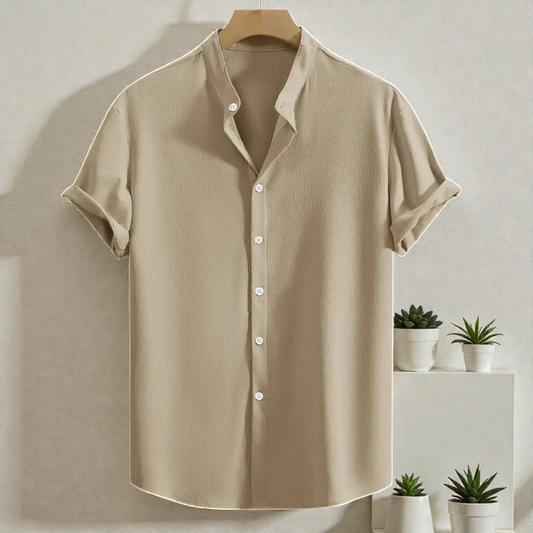 Cream Band Collar Solid Cotton Shirt