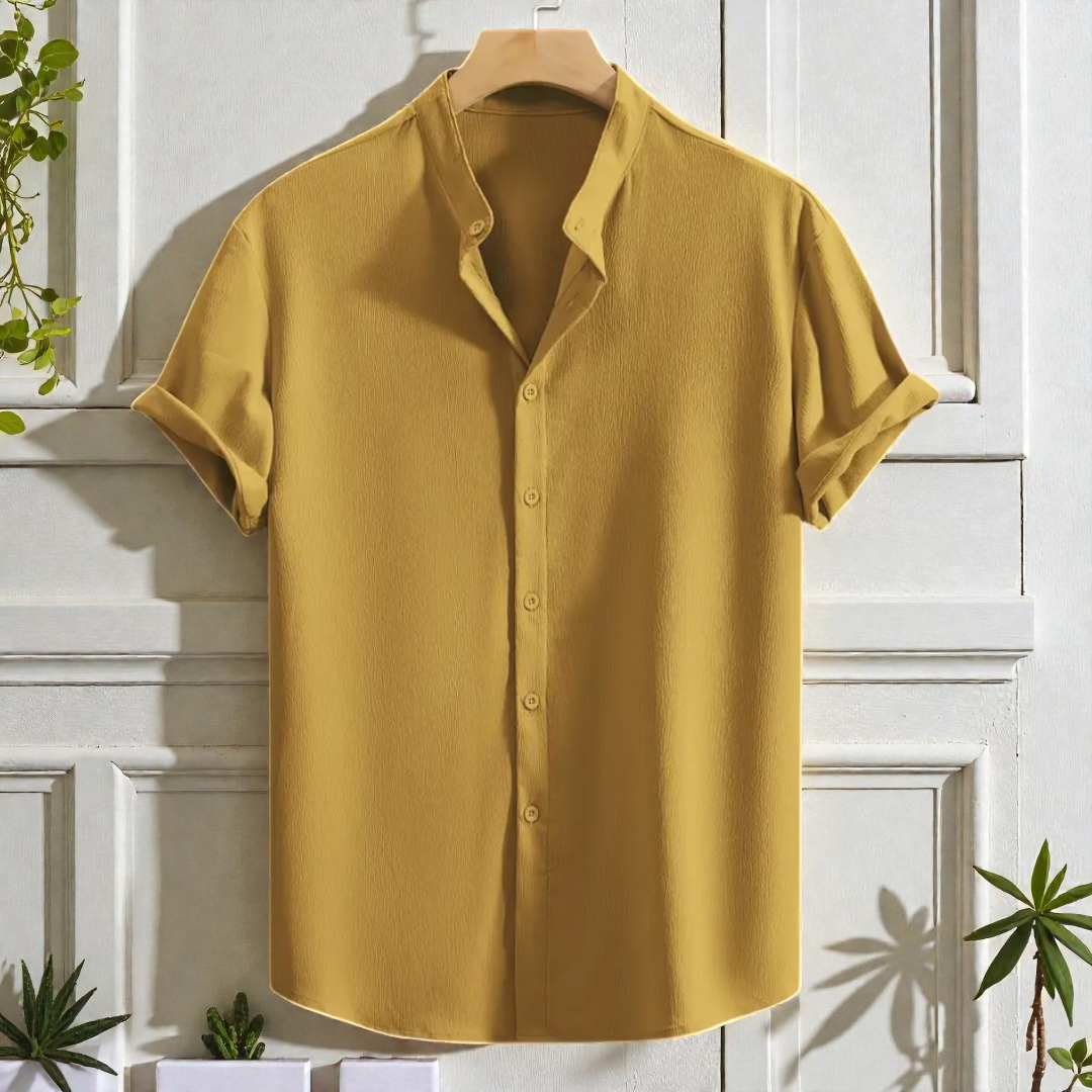 Mustard Yellow Band Collar Solid Cotton Shirt