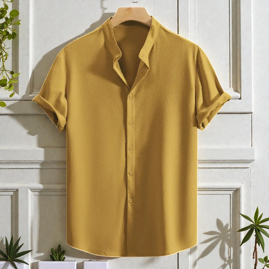 Mustard Yellow Band Collar Solid Cotton Shirt