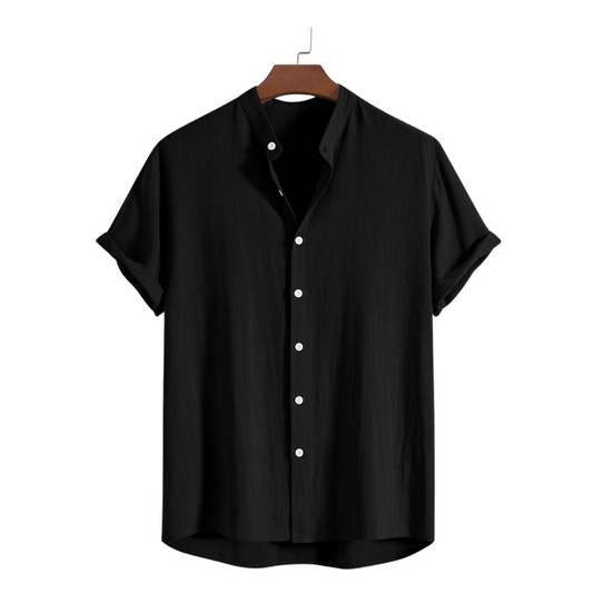 Black Band Collar Solid Cotton Shirt