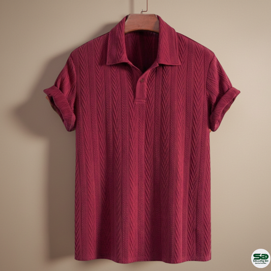 Red Maroon Knitted Geometric Jacquard Polo