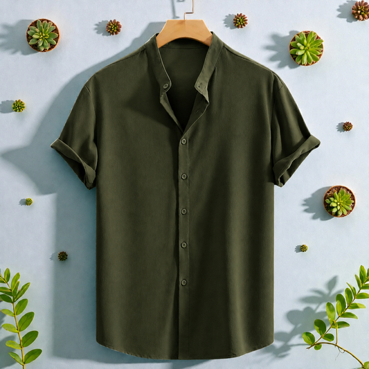 Olive Band Collar Solid Cotton Shirt