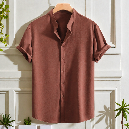 Deep Brown Band Collar Solid Cotton Shirt