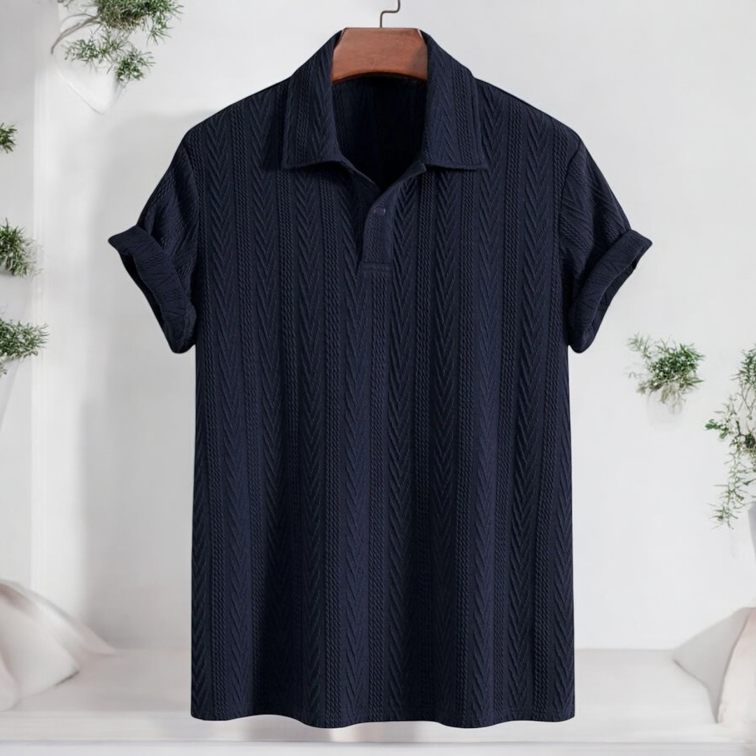 Navy Blue Knitted Geometric Jacquard Polo