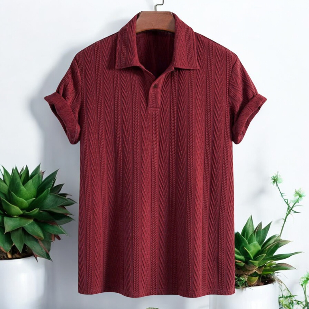 Red Maroon Knitted Geometric Jacquard Polo