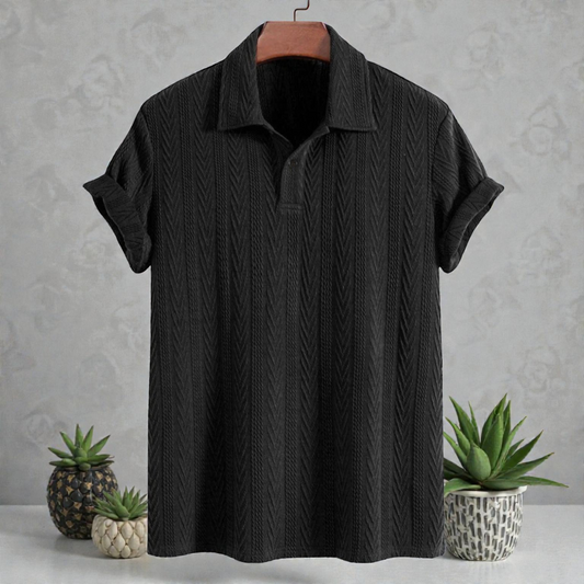 Black Knitted Geometric Jacquard Polo