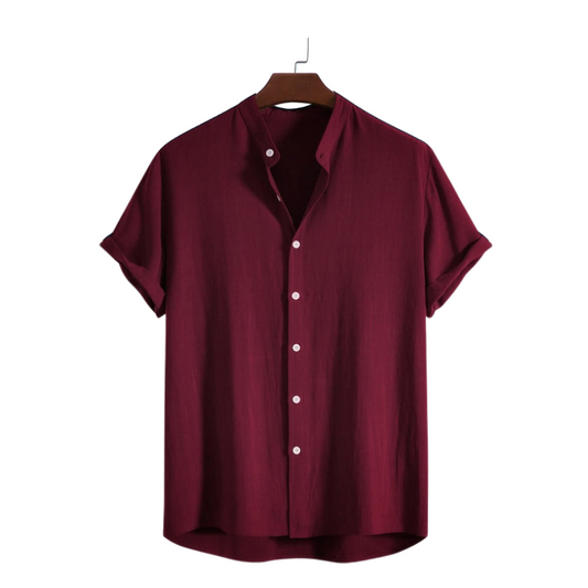 Red Maroon Band Collar Solid Cotton Shirt