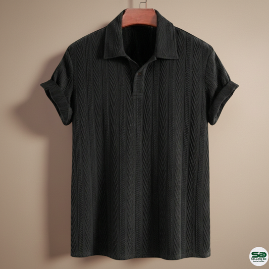 Black Knitted Geometric Jacquard Polo