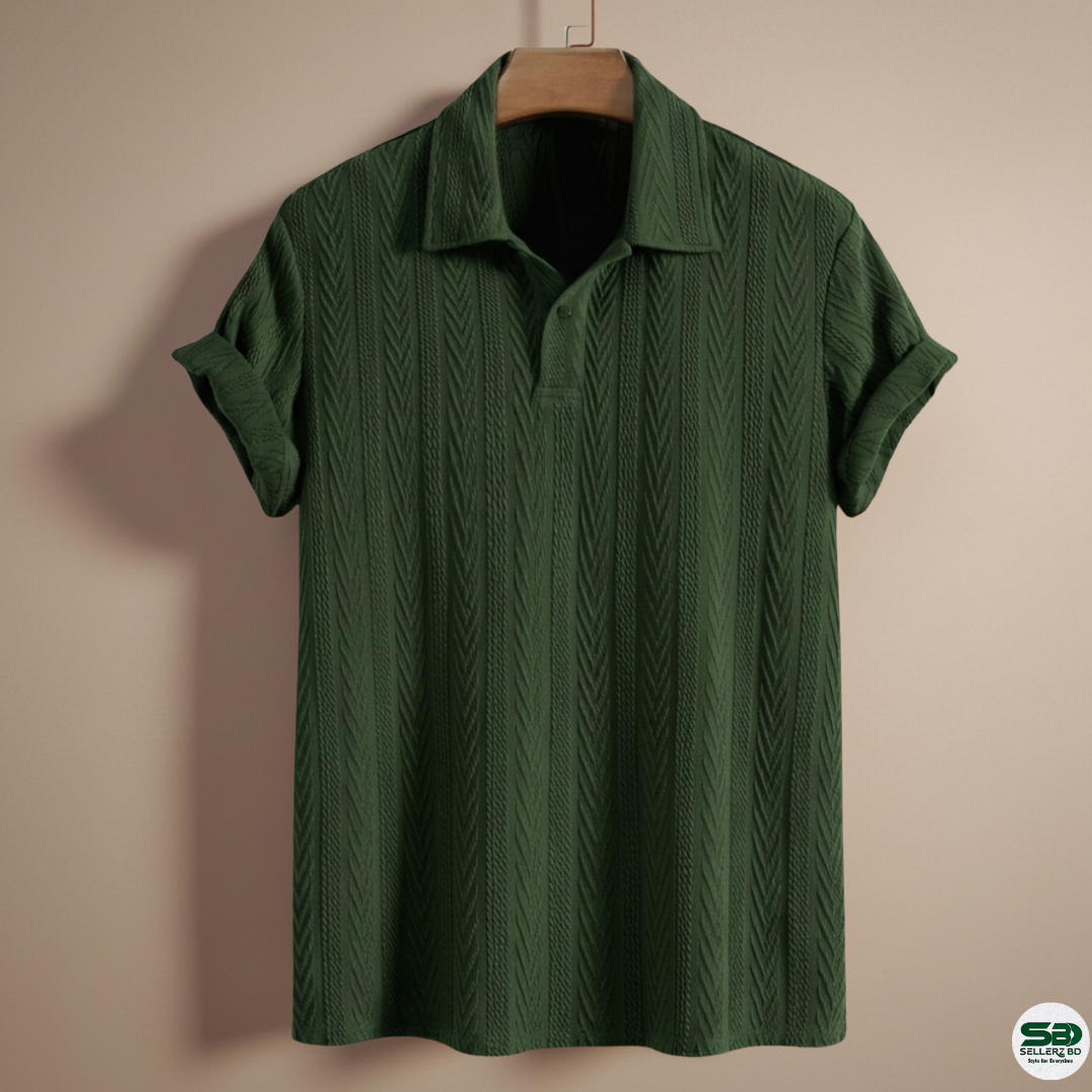 Bottle Green Knitted Geometric Jacquard Polo