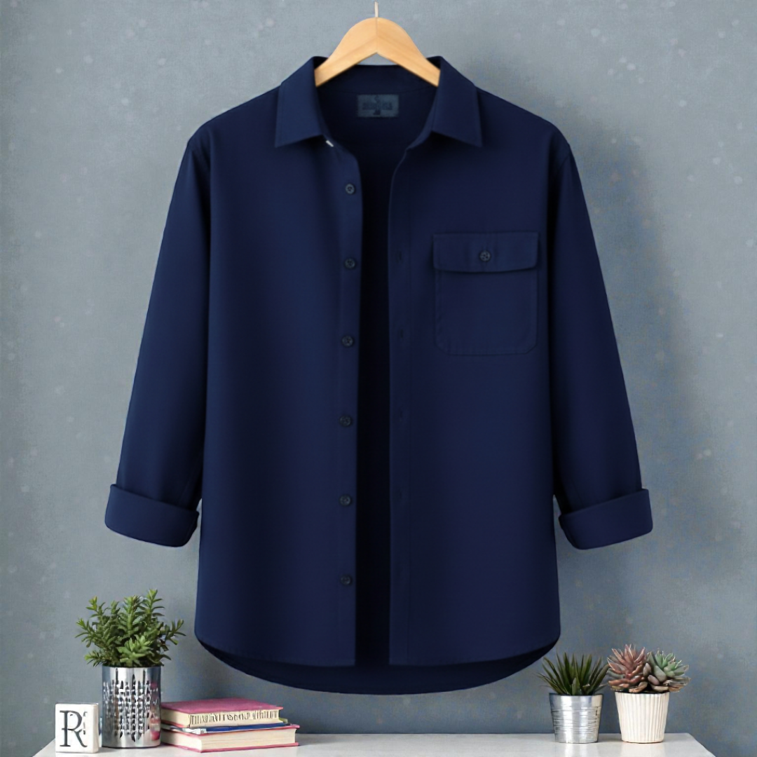 Navy Blue Blue Single Pocket Full Sleeve Shirt
