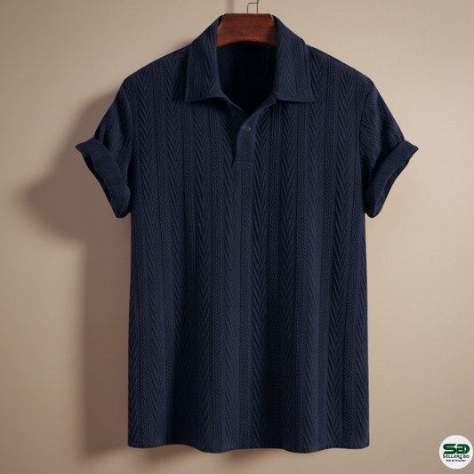 Navy Blue Colour Geometric Jacquard Polo