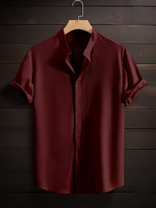 Maroon Band Collar Solid Cotton Shirt