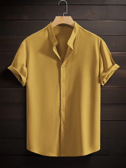 Mustard Yellow Band Collar Solid Cotton Shirt