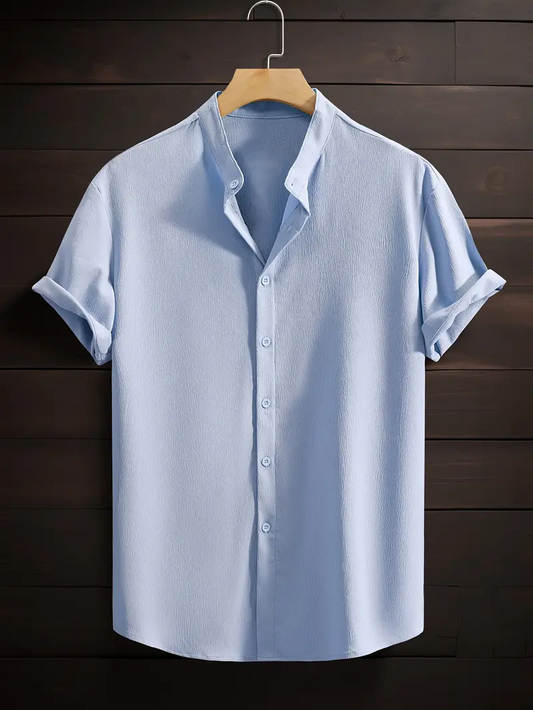Sky Blue Band Collar Solid Cotton Shirt