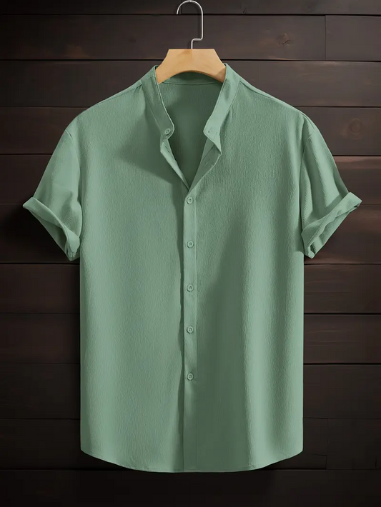 See Green Band Collar Solid Cotton Shirt