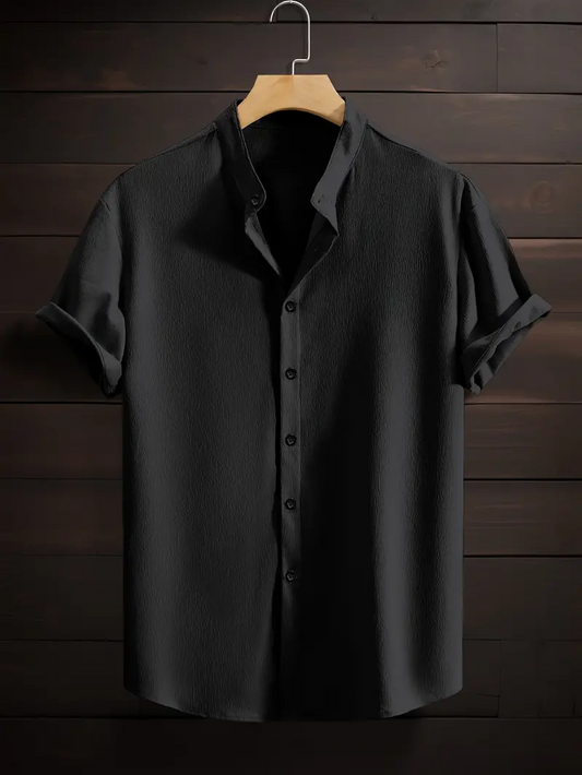 Black Band Collar Solid Cotton Shirt