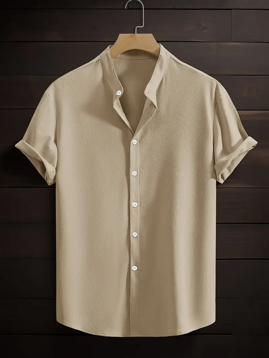 Cream Band Collar Solid Cotton Shirt