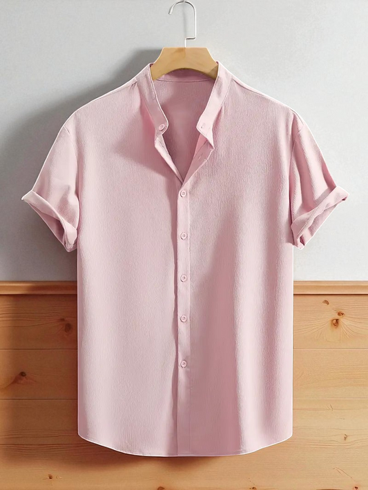 Pink Band Collar Solid Cotton Shirt