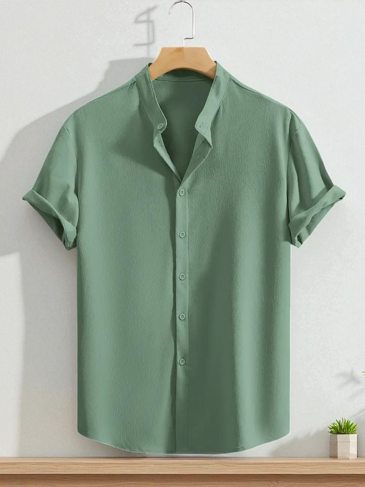 See Green Band Collar Solid Cotton Shirt